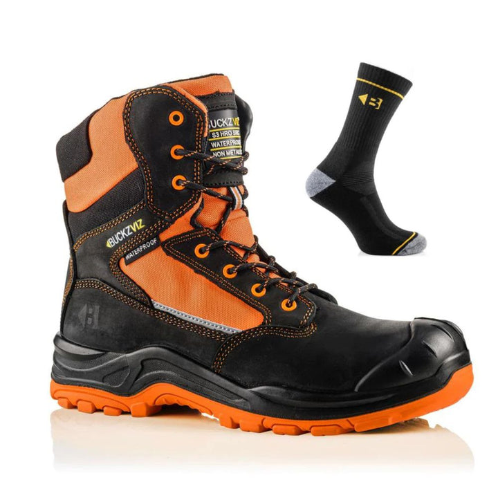 Buckbootz BVIZ1 Special Offer Pack - Buckler S3 Buckz Vis Hi Vis Safety Boots + Temperature Control Comfort Socks#colour_black-hi-vis-orange
