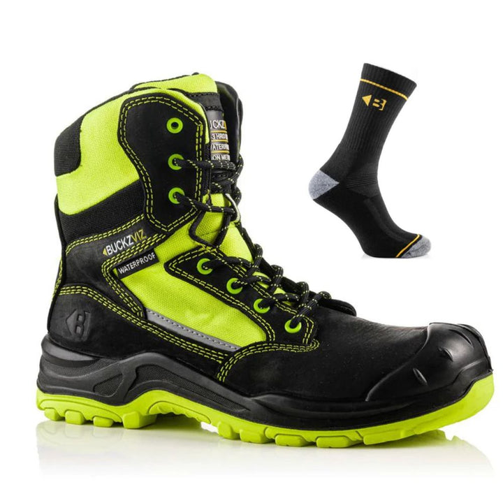 Buckbootz BVIZ1 Special Offer Pack - Buckler S3 Buckz Vis Hi Vis Safety Boots + Temperature Control Comfort Socks#colour_black-hi-vis-yellow
