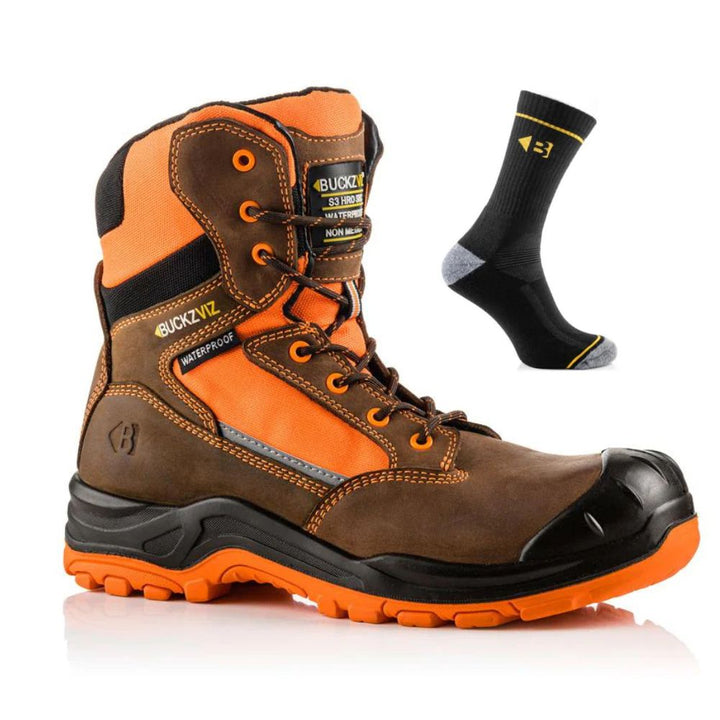 Buckbootz BVIZ1 Special Offer Pack - Buckler S3 Buckz Vis Hi Vis Safety Boots + Temperature Control Comfort Socks#colour_brown-hi-vis-orange