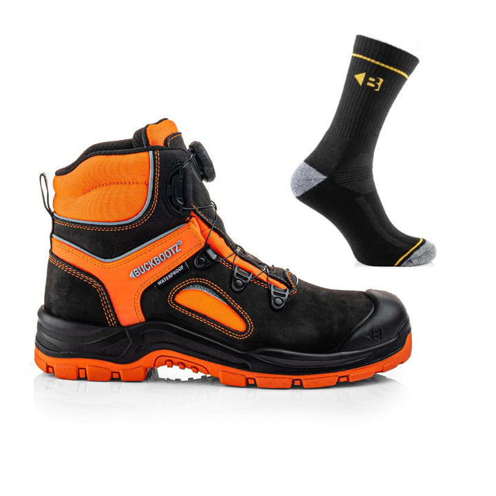Buckbootz Bviz7 Special Offer Boots Plus Comfort Socks Bundle#colour_black-hi-vis-orange