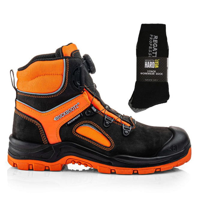 Buckbootz Bviz7 Special Offer Boots Plus Regatta Socks Bundle#colour_black-hi-vis-orange