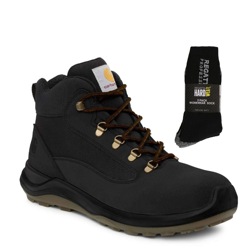 Carhartt Special Offer Belmont Rugged Safety Boots 400018 Pack - Belmont S3L Water Resistant Aluminium Toe Cap Safety Boots + 3 Pack Work Socks#colour_black