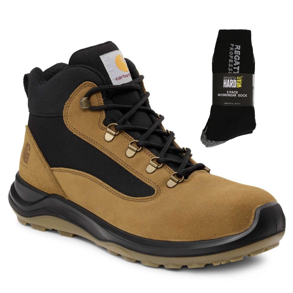 Carhartt Special Offer Belmont Rugged Safety Boots 400018 Pack - Belmont S3L Water Resistant Aluminium Toe Cap Safety Boots + 3 Pack Work Socks#colour_carhartt-brown