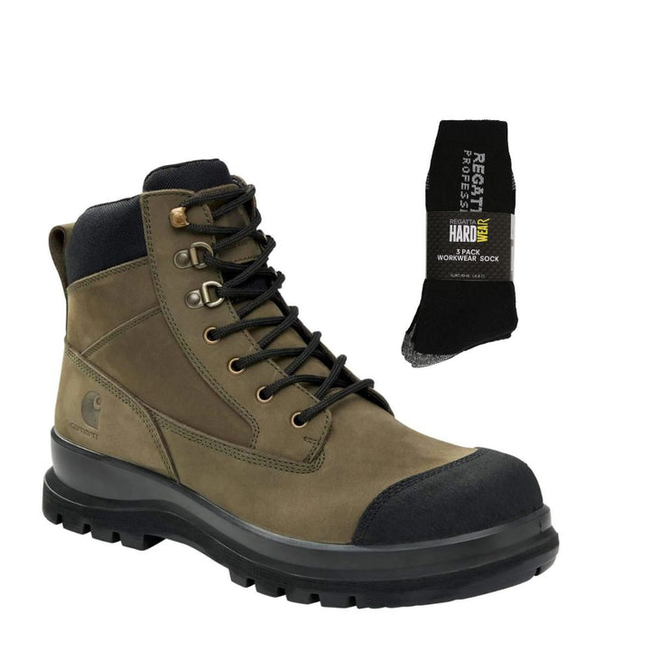 Carhartt Special Offer Detroit 6 Inch Safety Boots F702923 Pack - Detroit Composite Toe S3 Zip Safety Boots + 3 Pack Work Socks#colour_moss