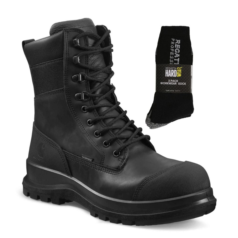 Carhartt Special Offer Detroit 8 Inch Work Boots F702905 Pack - Detroit S3 Waterproof Composite Safety Toe High Leg Work Boots + 3 Pack Work Socks#colour_black