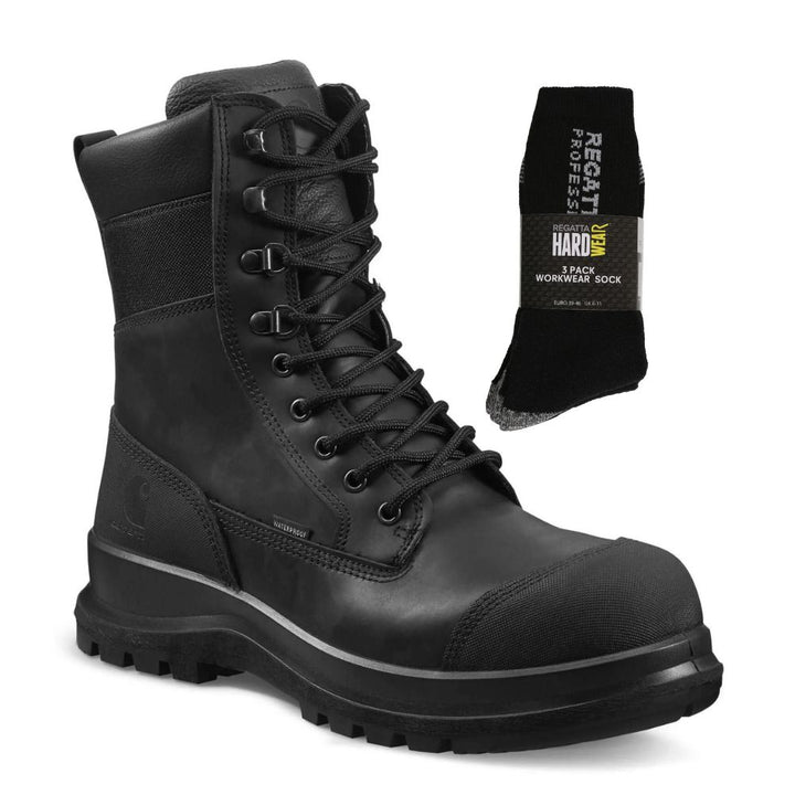 Carhartt Special Offer Detroit 8 Inch Work Boots F702905 Pack - Detroit S3 Waterproof Composite Safety Toe High Leg Work Boots + 3 Pack Work Socks#colour_black