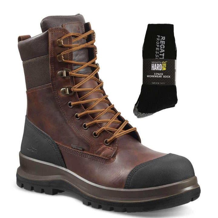 Carhartt Special Offer Detroit 8 Inch Work Boots F702905 Pack - Detroit S3 Waterproof Composite Safety Toe High Leg Work Boots + 3 Pack Work Socks#colour_dark-brown