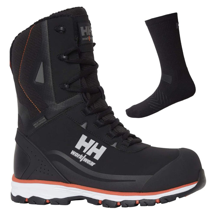 Helly Hansen Special Offer Chelsea Evolution 78399 Pack - Chelsea Evolution 2 Winter Tall S7L Lightweight Waterproof Safety Boots + 3 Pairs Helly Socks#colour_black-orange