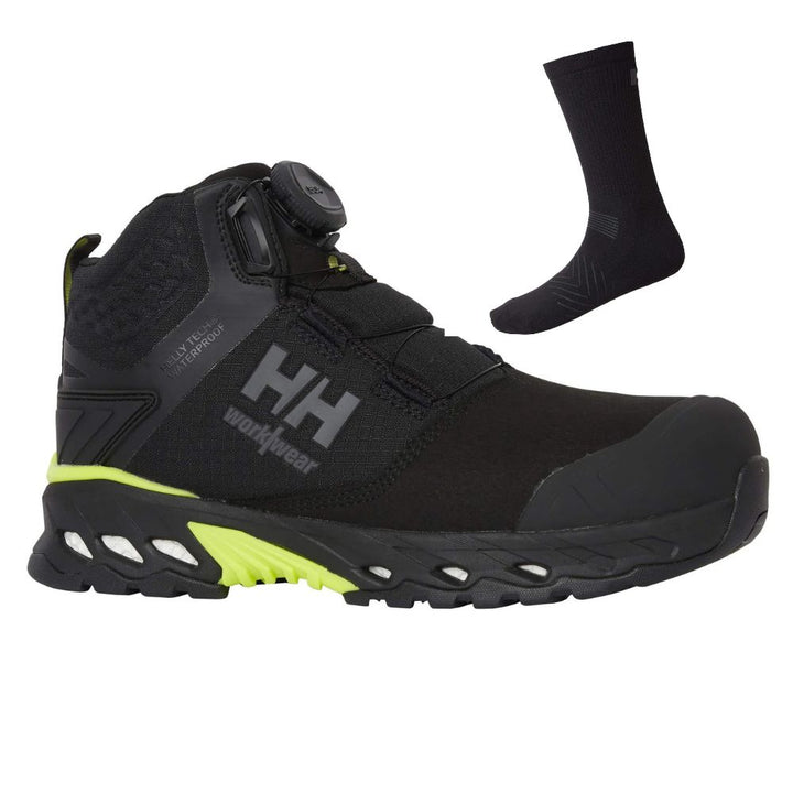 Helly Hansen Special Offer Magni Evolution 78341 Pack - Magni Evolution Mid BOA S7L Wide Fit Waterproof Safety Boots + 3 Pairs Helly Socks#colour_black-dark-lime