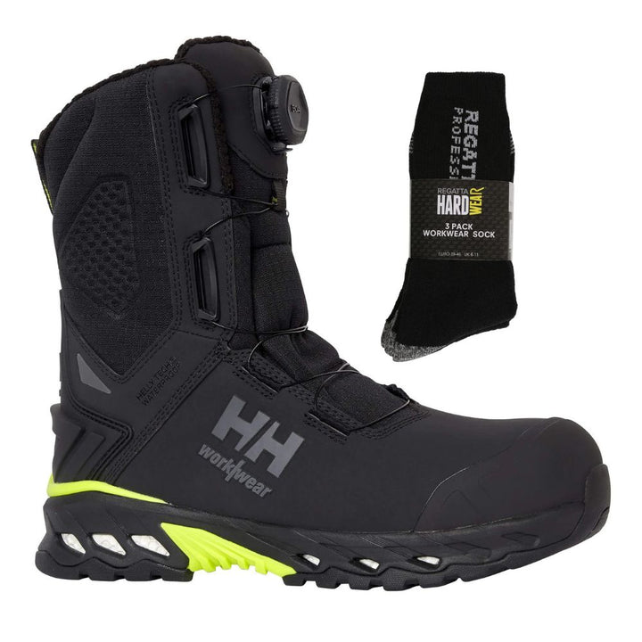 Helly Hansen Special Offer Magni Evolution 78345 Pack - Magni Winter Tall BOA S7L Wide Fit Composite Waterproof Safety Boots + 3 Pairs Work Socks#colour_black-dark-lime