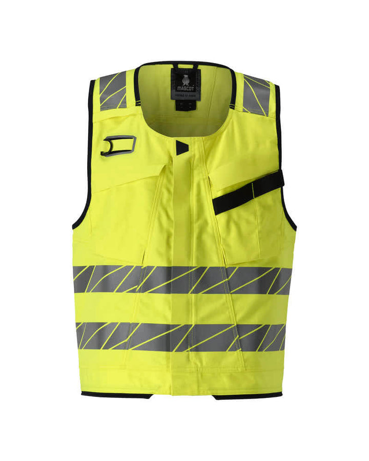 Mascot 21389-281 Two-Toned Multi-Protective Arc and Flame Retardant  Tool Vest Front #colour_hi-vis-yellow-dark-navy-blue