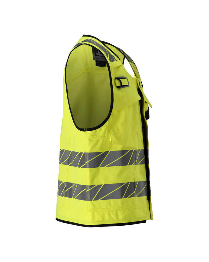 Mascot 21389-281 Two-Toned Multi-Protective Arc and Flame Retardant  Tool Vest Left #colour_hi-vis-yellow-dark-navy-blue