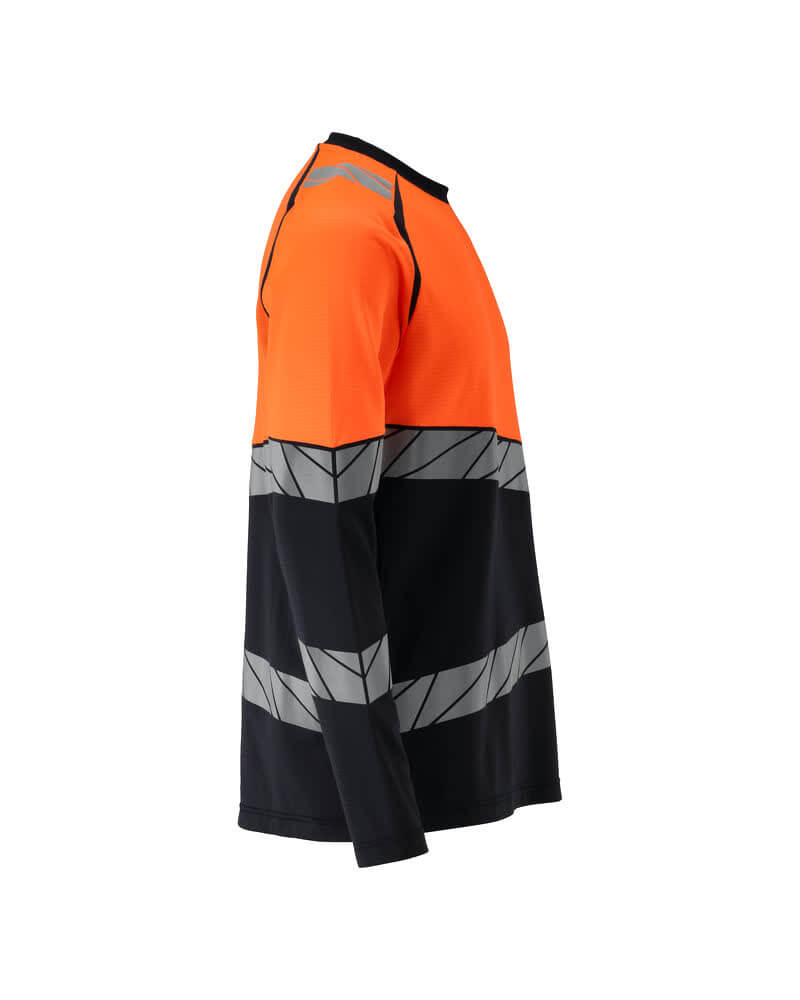 Mascot 25081-771 Premium Modern Fit Two-Toned Long-Sleeved Hi Vis T-Shirt Left #colour_dark-navy-blue-hi-vis-orange