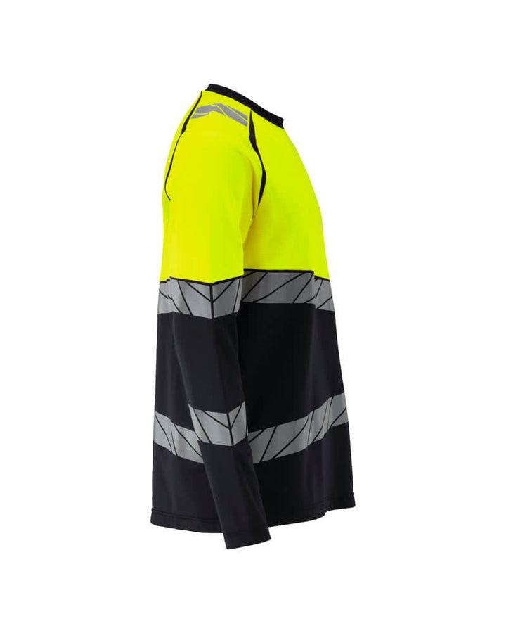 Mascot 25081-771 Premium Modern Fit Two-Toned Long-Sleeved Hi Vis T-Shirt Left #colour_dark-navy-blue-hi-vis-yellow