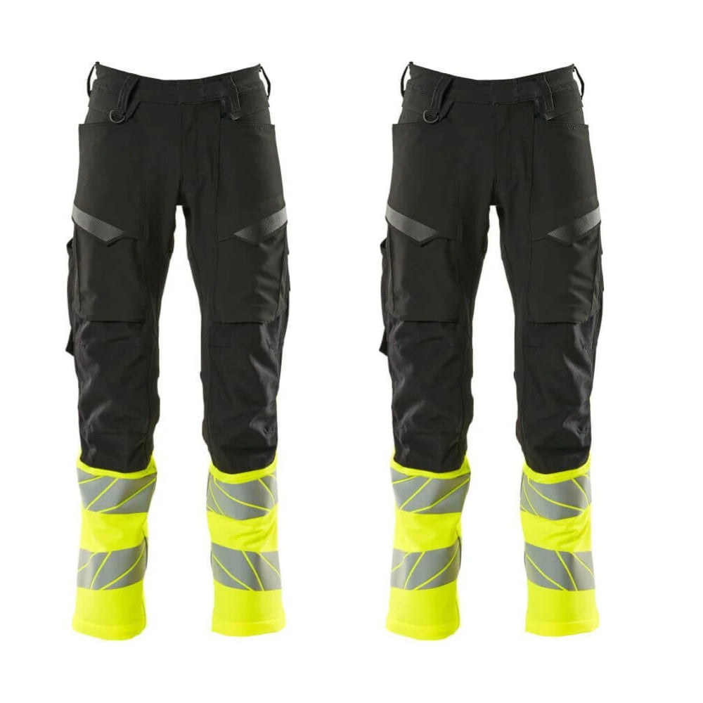 Mascot Hivis Trousers With Stretch 19879711 Accelerate Safe Twin Pack Deal Black Hi Vis Yellow