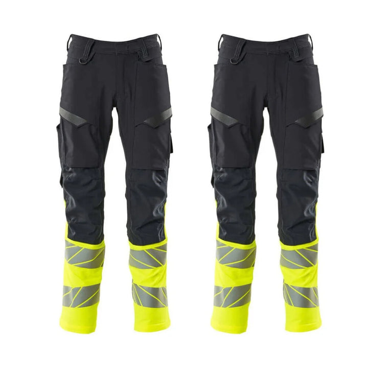 Mascot Hivis Trousers With Stretch 19879711 Accelerate Safe Twin Pack Deal Dark Navy Blue Hi Vis Yellow