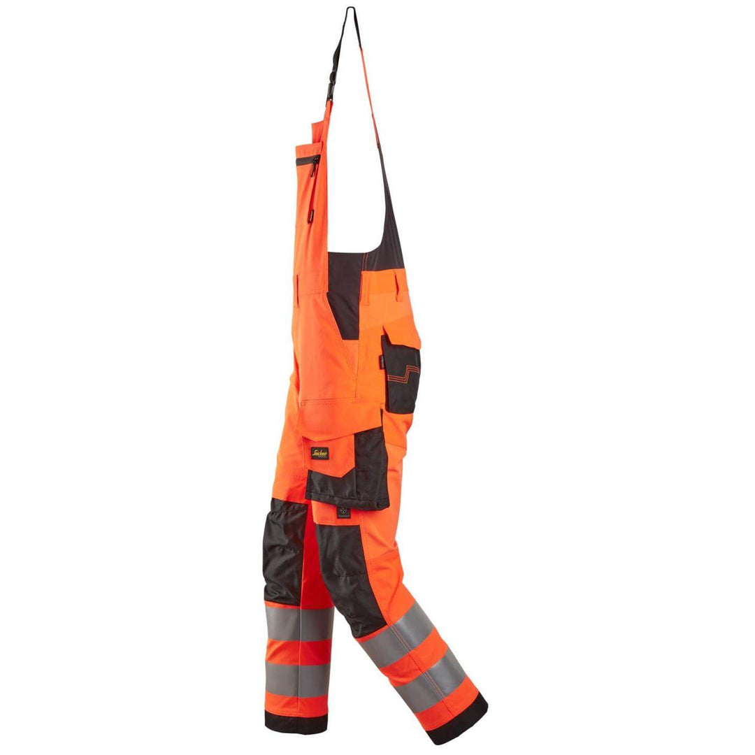 snickers 6043 high vis bib and brace trousers class 2 Hi Vis Orange Black left #colour_hi-vis-orange-black
