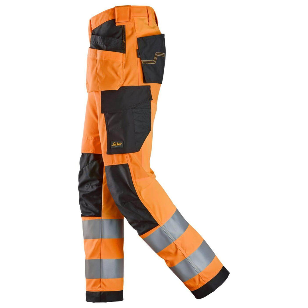 snickers 6238 high vis trousers holster pockets class 2 Hi Vis Orange Black left #colour_hi-vis-orange-black