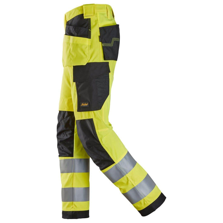 snickers 6238 high vis trousers holster pockets class 2 Hi Vis Yellow Black left #colour_hi-vis-yellow-black