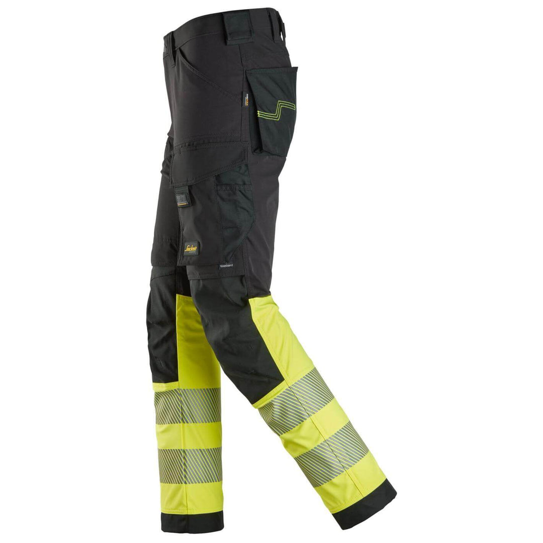 snickers 6335 high vis 4 way stretch trousers class 1 Black Hi Vis Yellow left #colour_black-hi-vis-yellow