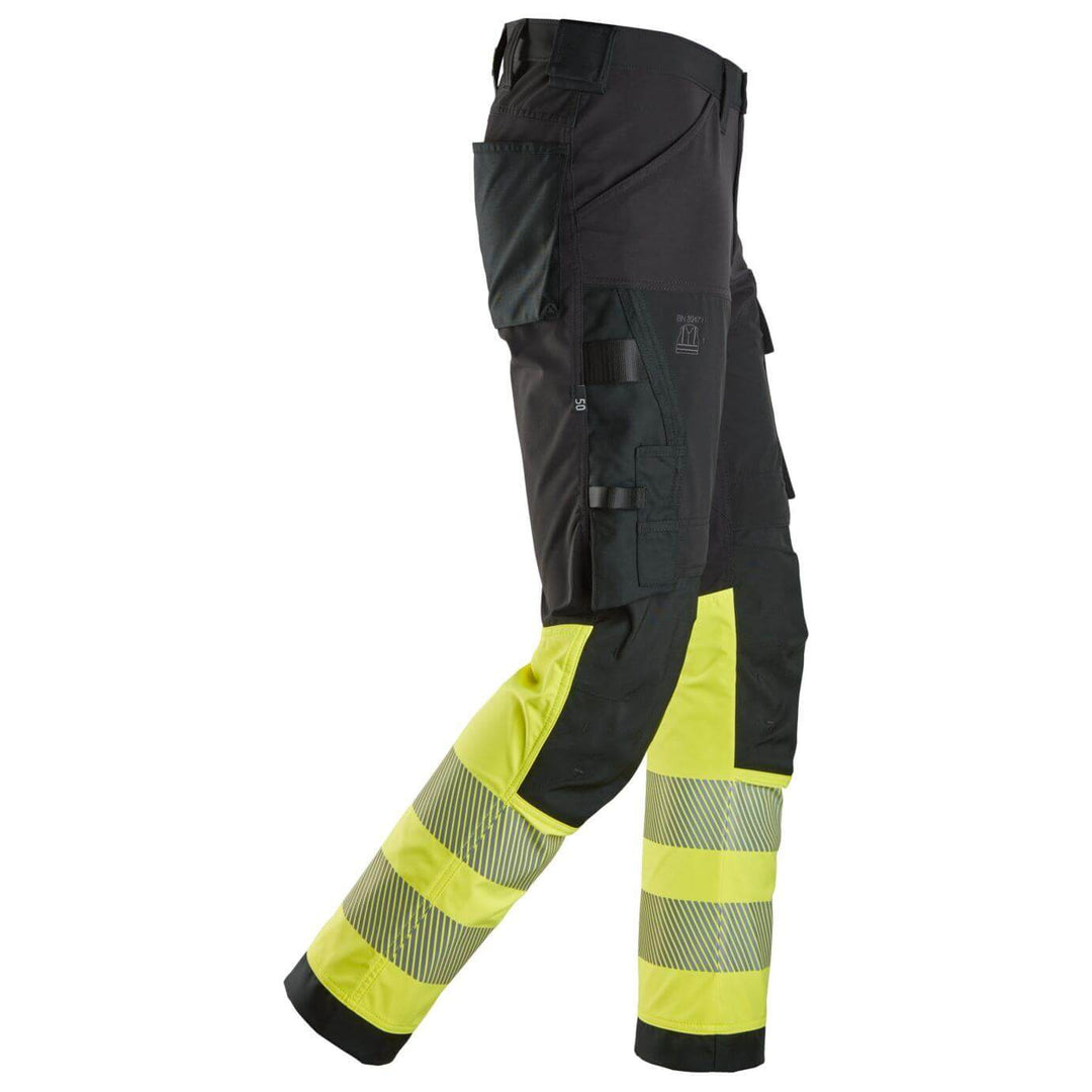 snickers 6335 high vis 4 way stretch trousers class 1 Black Hi Vis Yellow right #colour_black-hi-vis-yellow