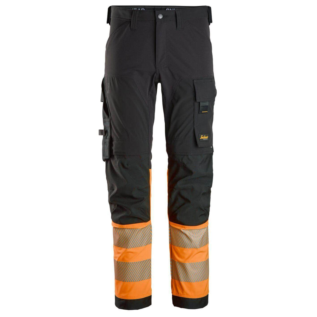 snickers 6335 high vis 4 way stretch trousers class 1 Black Main #colour_black-hi-vis-orange