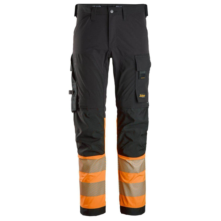 snickers 6335 high vis 4 way stretch trousers class 1 Black Main #colour_black-hi-vis-orange