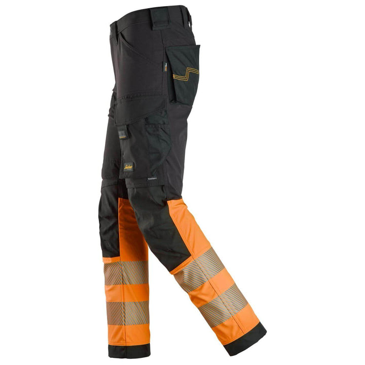 snickers 6335 high vis 4 way stretch trousers class 1 Black left #colour_black-hi-vis-orange