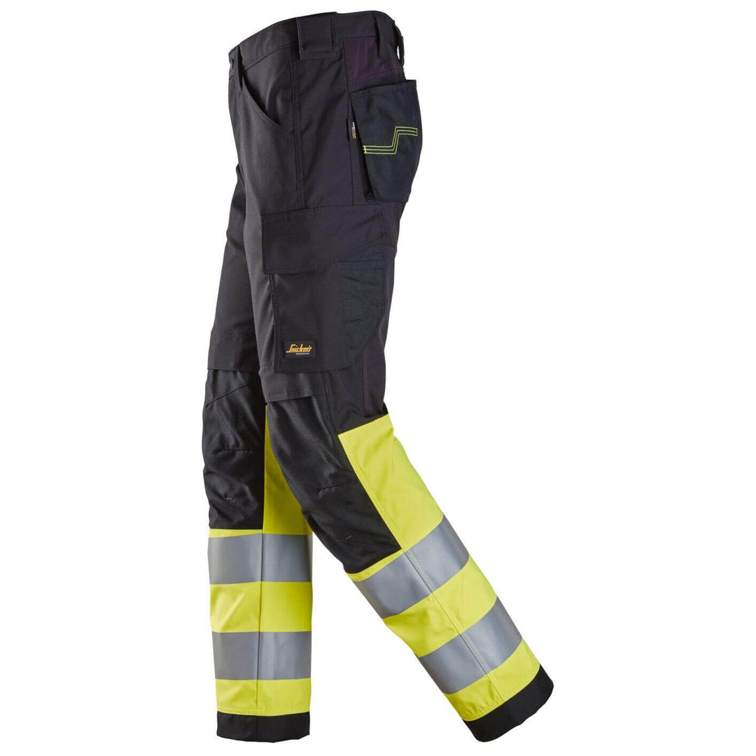 snickers 6339 high vis trousers class 1 Black Hi Vis Yellow left #colour_black-hi-vis-yellow