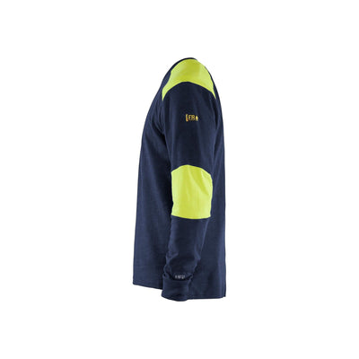 Blaklader 34571761 Flame Retardant Long-Sleeve T-Shirt Navy Blue/Hi-Vis Yellow Left #colour_navy-blue-yellow