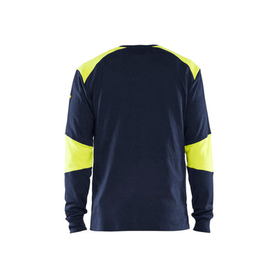Blaklader 34571761 Flame Retardant Long-Sleeve T-Shirt Navy Blue/Hi-Vis Yellow Rear #colour_navy-blue-yellow