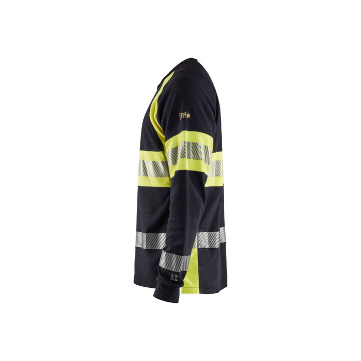 Blaklader 34841761 Flame-Retardant Long-Sleeve T-Shirt Navy Blue/Hi-Vis Yellow Left #colour_navy-blue-yellow