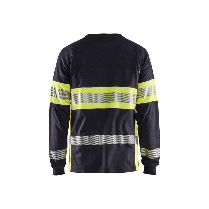 Blaklader 34841761 Flame-Retardant Long-Sleeve T-Shirt Navy Blue/Hi-Vis Yellow Rear #colour_navy-blue-yellow