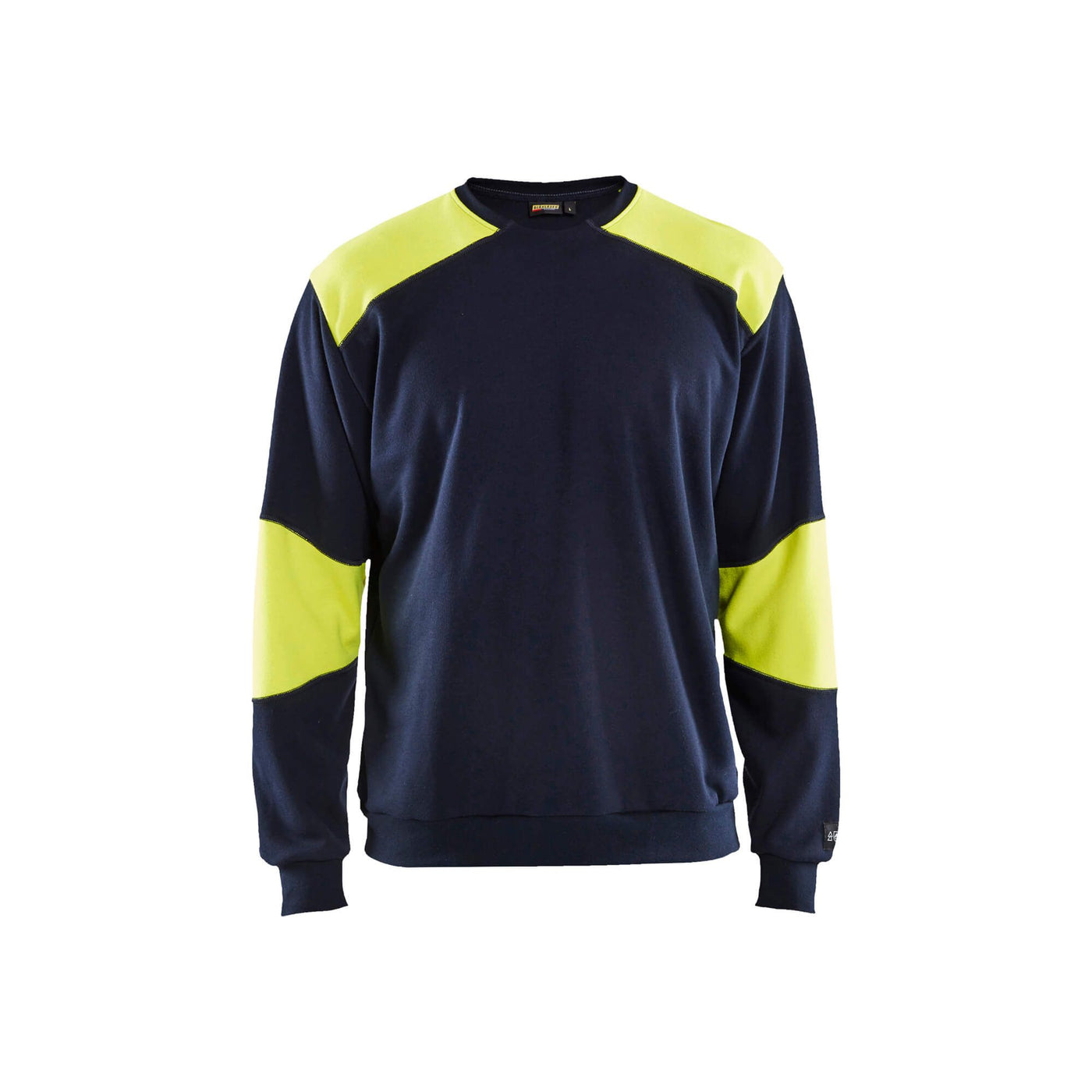 Blaklader 34581762 Flame-Retardant Work Sweatshirt Navy Blue/Hi-Vis Yellow Main #colour_navy-blue-yellow