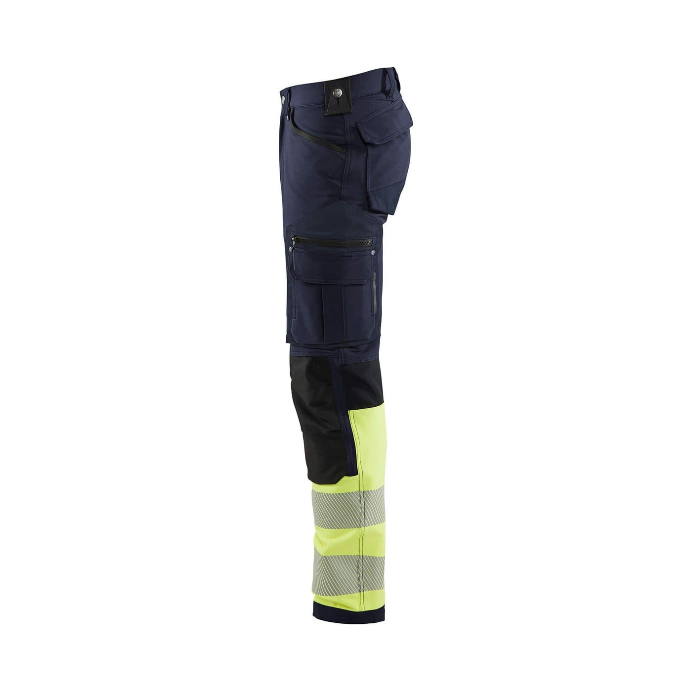 Blaklader 11931642 Hi-Vis 4-Way-Stretch Trousers Without Nail Pockets Navy Blue/Hi-Vis Yellow Left #colour_navy-blue-hi-vis-yellow