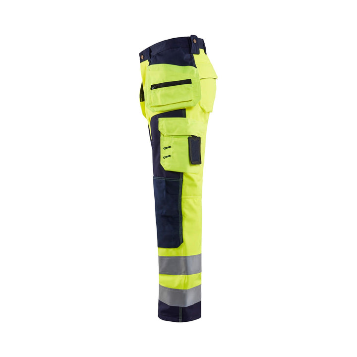 Blaklader 15672517 Hi-Vis Craftsman Softshell Trousers Yellow/Navy Blue Left #colour_yellow-navy-blue