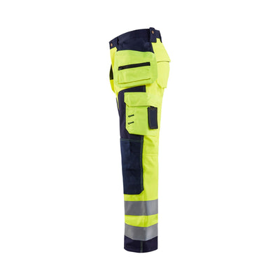 Blaklader 15672517 Hi-Vis Craftsman Softshell Trousers Yellow/Navy Blue Left #colour_yellow-navy-blue