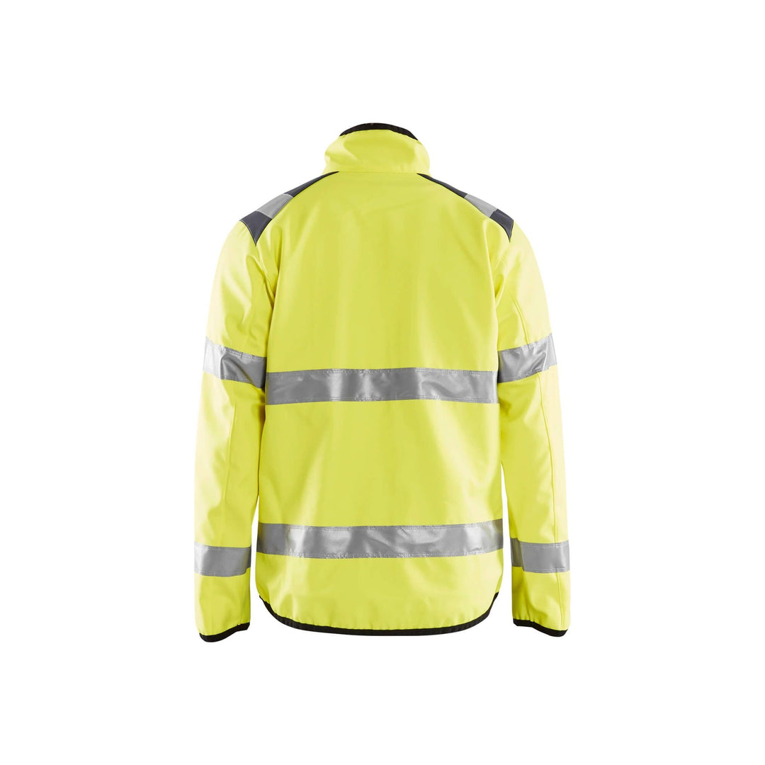 Blaklader 48772516 Hi-Vis Soft-Shell Jacket Hi-Vis Yellow/Mid Grey Rear #colour_hi-vis-yellow-mid-grey