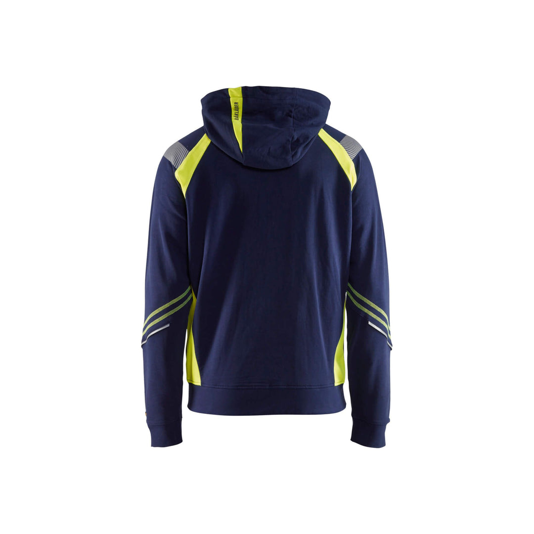 Blaklader 34331158 Hoodie Full Zip Navy Blue/Hi-Vis Yellow Rear #colour_navy-blue-yellow