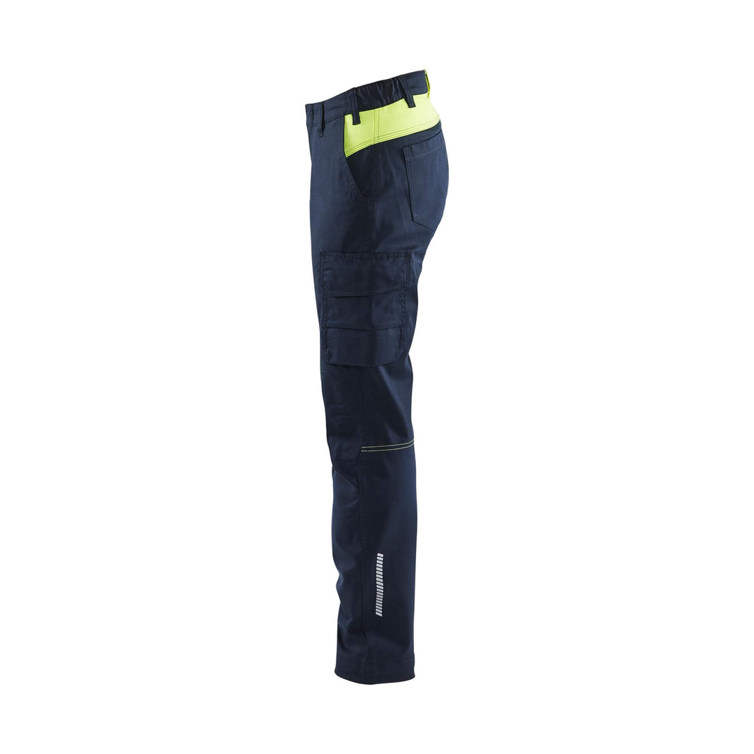 Blaklader 71441832 Womens Industry Trousers Stretch Dark Navy Blue/Hi-Vis Yellow Left #colour_dark-navy-blue-hi-vis-yellow