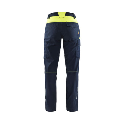 Blaklader 71441832 Womens Industry Trousers Stretch Dark Navy Blue/Hi-Vis Yellow Rear #colour_dark-navy-blue-hi-vis-yellow