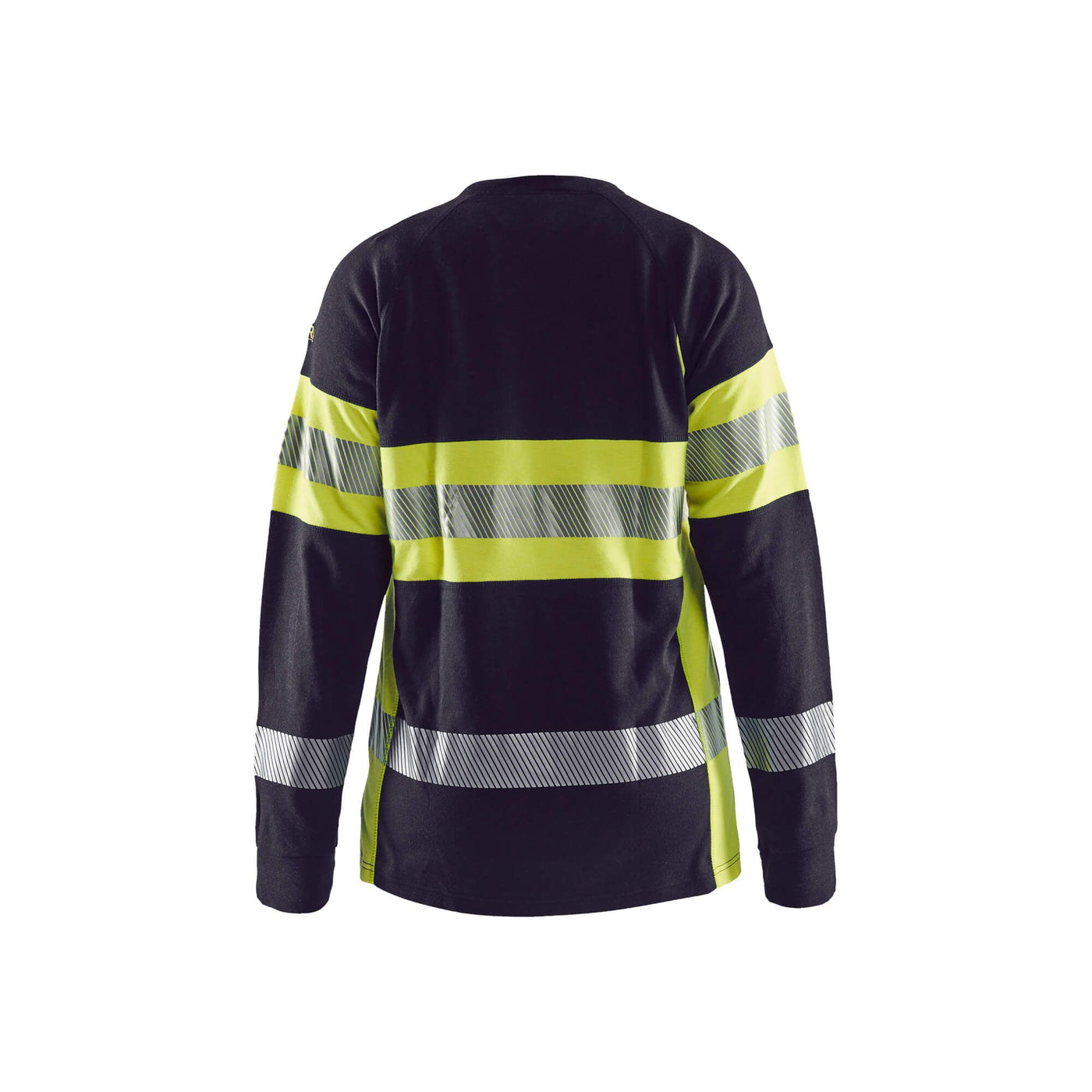 Blaklader 34941761 Long-Sleeve Ladies T-Shirt Flame-Retardant Navy Blue/Hi-Vis Yellow Rear #colour_navy-blue-yellow