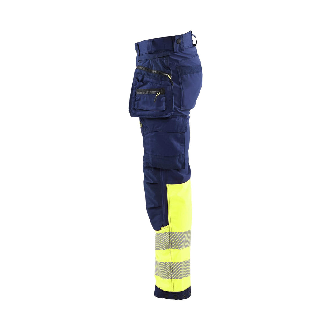 Blaklader 18212513 Softshell Hi-Vis Trousers Navy Blue/Hi-Vis Yellow Left #colour_navy-blue-hi-vis-yellow