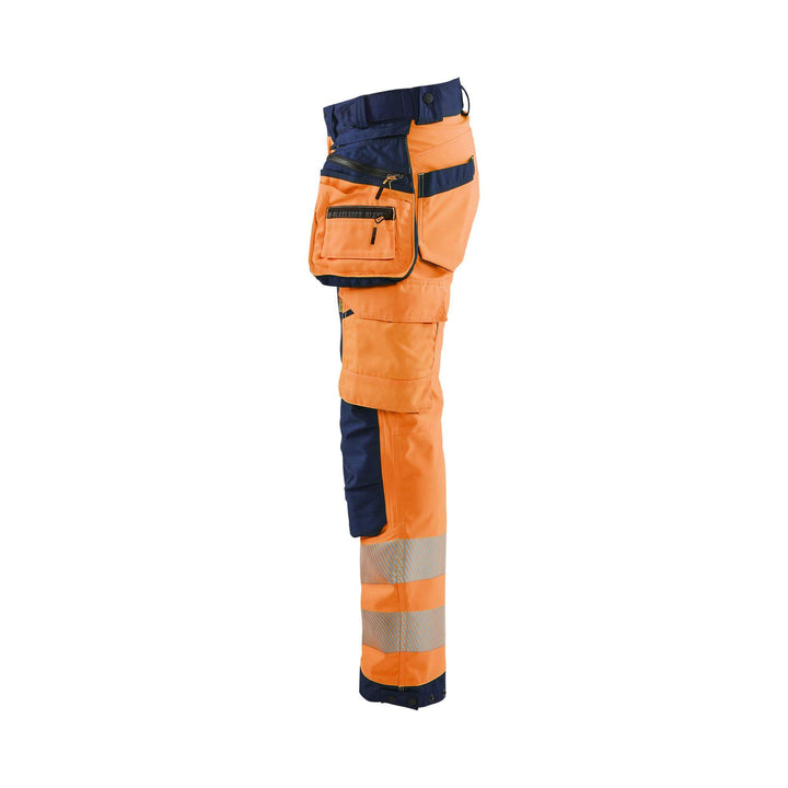 Blaklader 71182513 Womens Softshell Hi-Vis Trousers Orange/Navy Blue Left #colour_orange-navy-blue