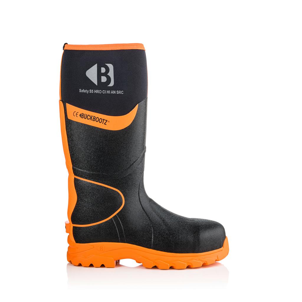 Buckler Boots BBZ6000 Safety Wellies Neoprene & Rubber Insulated Buckbootz Black/Hi-Vis Orange Image 2#colour_black-hi-vis-orange