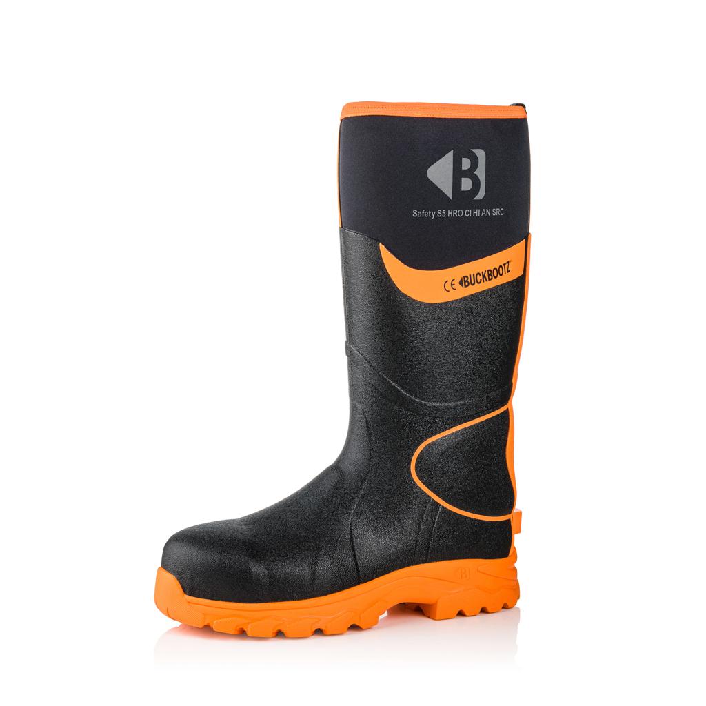 Buckler Boots BBZ6000 Safety Wellies Neoprene & Rubber Insulated Buckbootz Black/Hi-Vis Orange Image 3#colour_black-hi-vis-orange