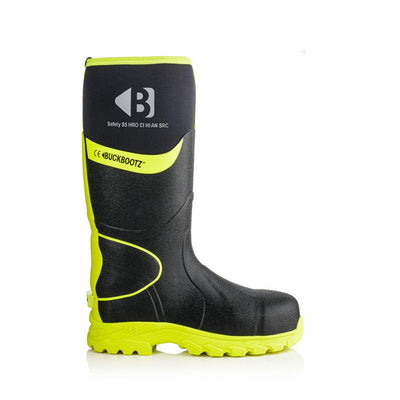 Buckler Boots BBZ6000 Safety Wellies Neoprene & Rubber Insulated Buckbootz Black/Hi-Vis Yellow Image 2#colour_black-hi-vis-yellow