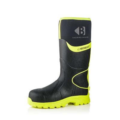 Buckler Boots BBZ6000 Safety Wellies Neoprene & Rubber Insulated Buckbootz Black/Hi-Vis Yellow Image 3#colour_black-hi-vis-yellow
