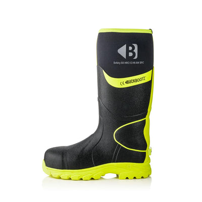 Buckler Boots BBZ6000 Safety Wellies Neoprene & Rubber Insulated Buckbootz Black/Hi-Vis Yellow Image 4#colour_black-hi-vis-yellow