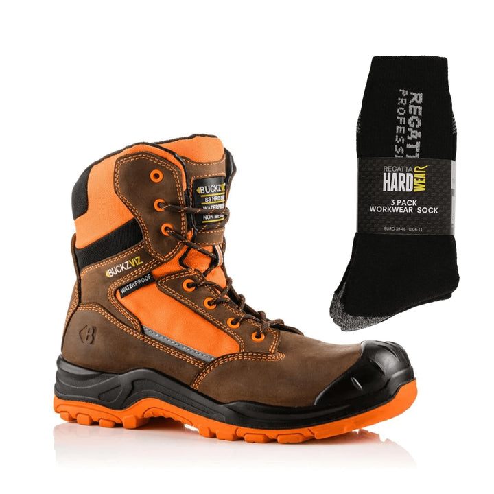 Buckbootz BVIZ1 Special Offer Pack - Buckler S3 Buckz Vis Hi Vis Safety Boots + 3 Pairs Work Socks